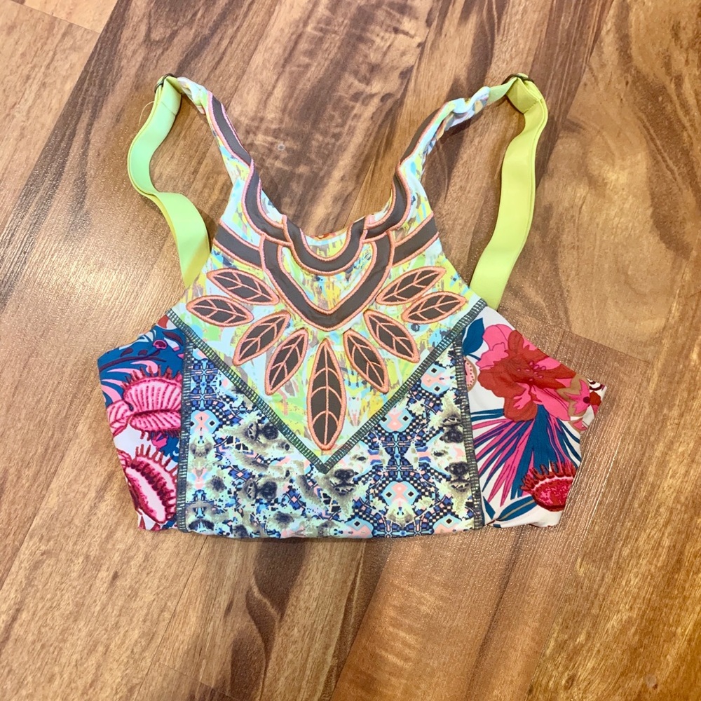 Maaji Multicolor Patterned Bikini Top with Neon Yellow Straps